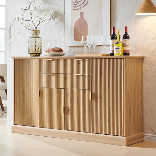 58 Inch Fluted Sideboard Cabinet Buffet Storage Rustic Wood Design
