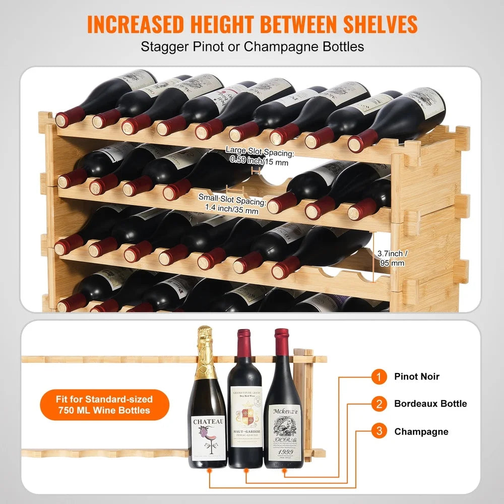 36 Bottle Modular Bamboo Wine Rack Freestanding Stylish Kitchen Bar