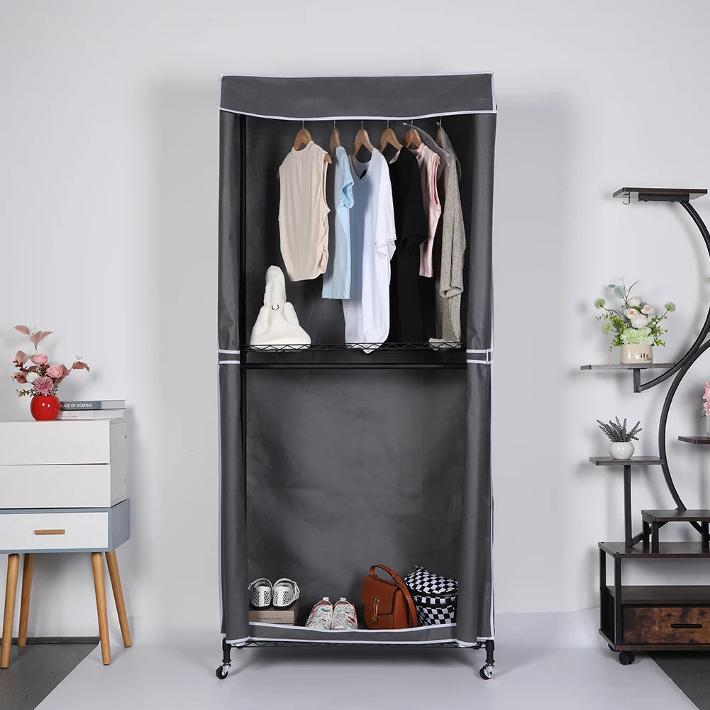 Portable Storage Closet with Wheels Heavy Duty Garment Rack with Cover