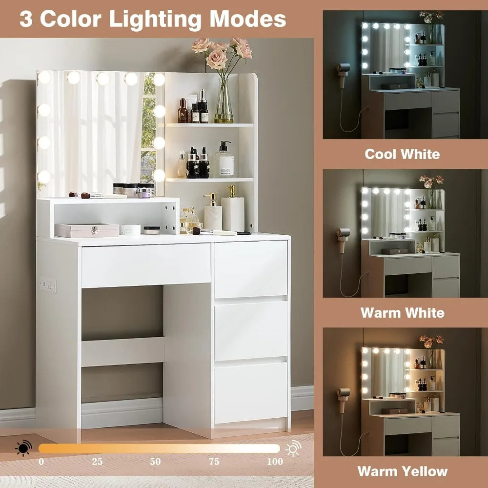 Makeup Vanity Desk with LED Light Power Outlet Storage Chair Set