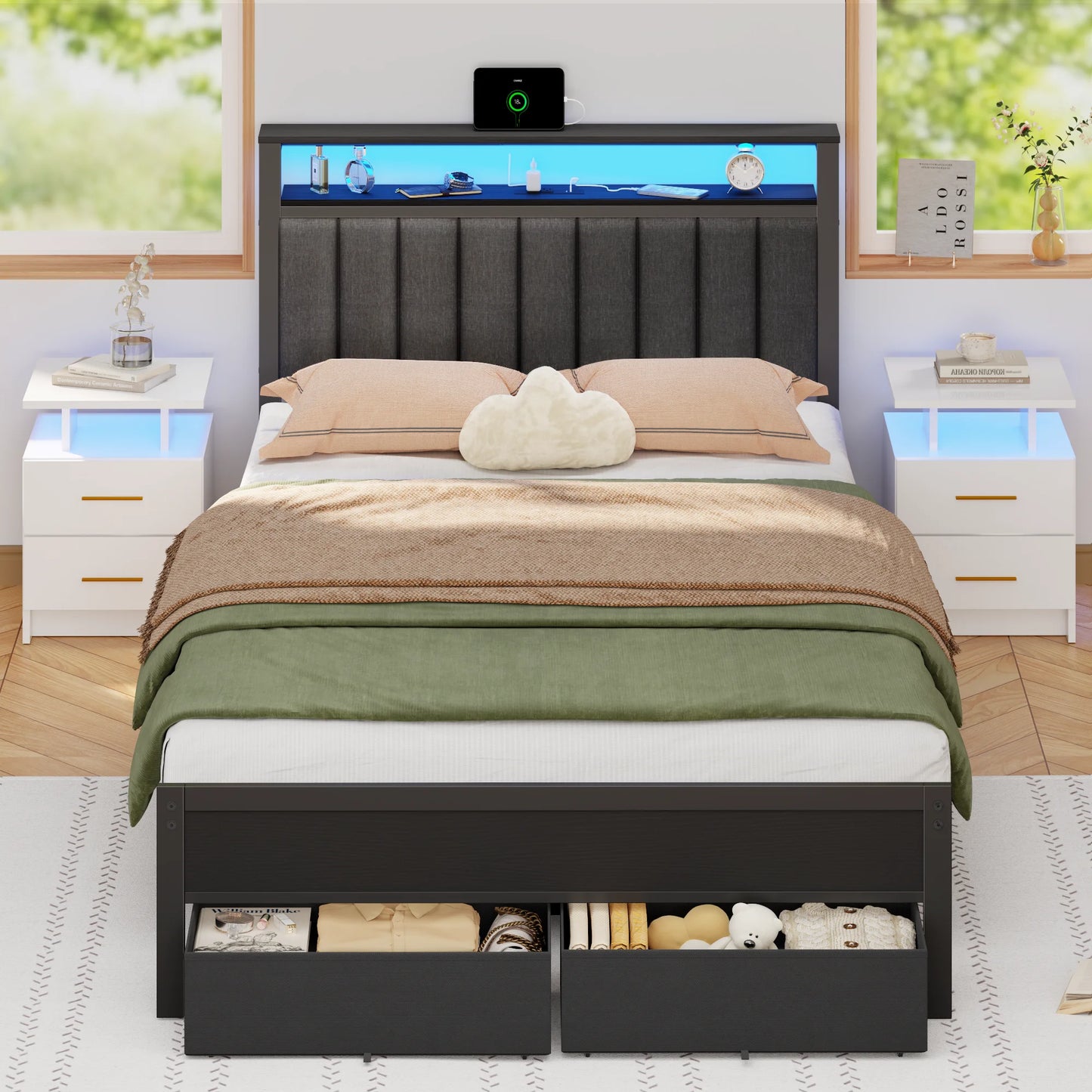 Ljustra Full Bed Frame with Charging Station LED Lights and Storage