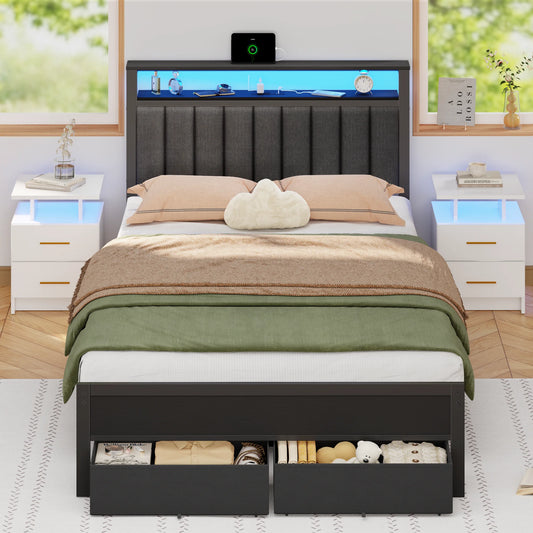 Ljustra Full Bed Frame with Charging Station LED Lights and Storage