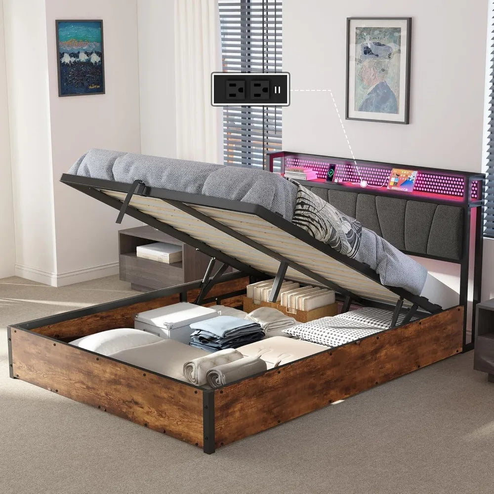 Ljustra Queen Size Lift Up Bed Frame with LED Light Storage Headboard