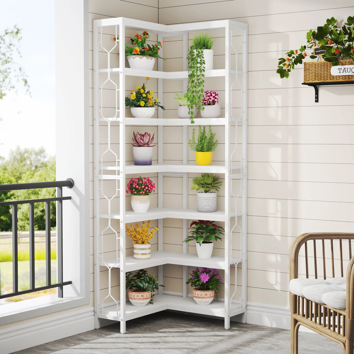 Ljustra 7-Tier Industrial Corner Shelf Wood Metal Bookcase Display Unit