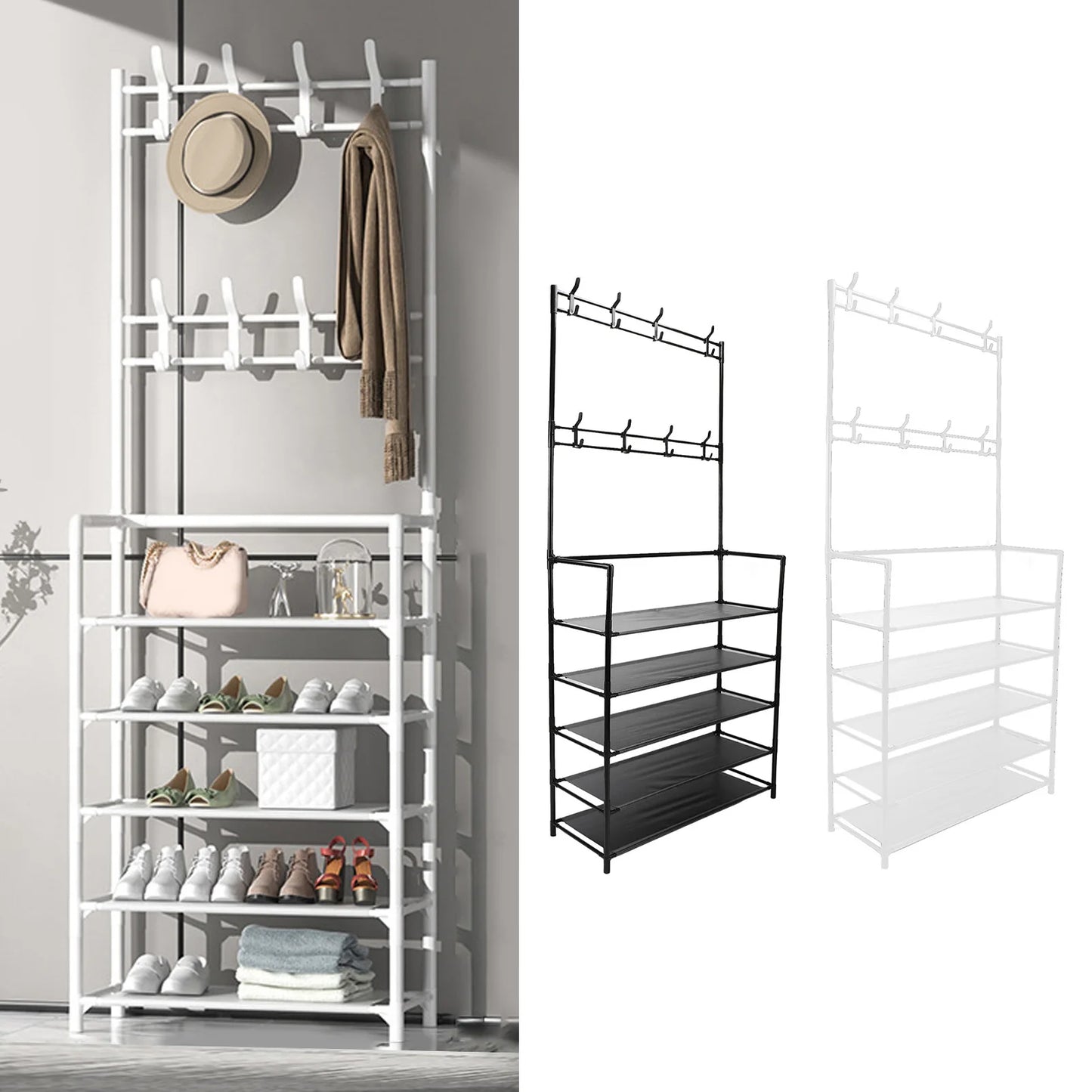 Large Modern Metal Coat Rack with Shoe Organizer for Home Entryway