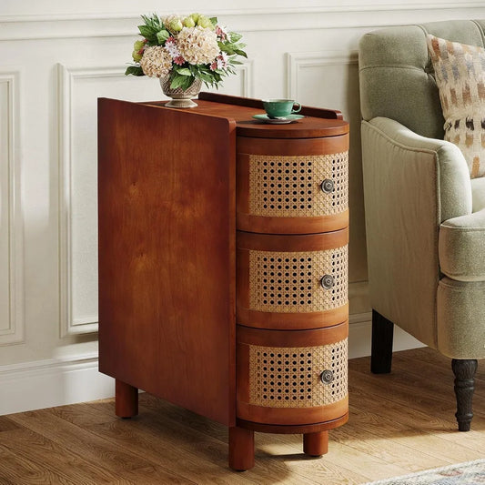 Solid Wood Rattan 3-Drawer End Table Nightstand for Living Room