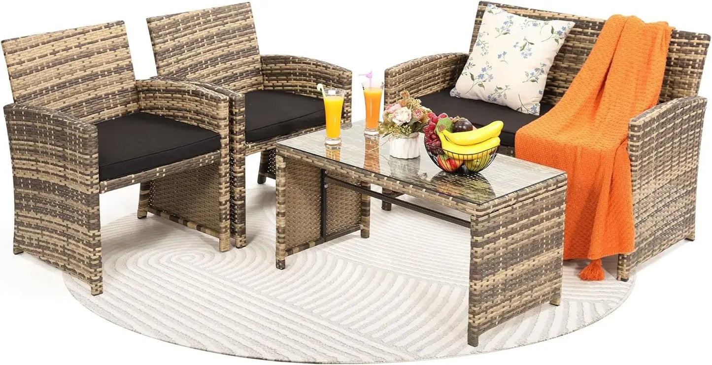 4 Piece Rattan Patio Furniture Set Outdoor Sectional Sofa Chairs Table