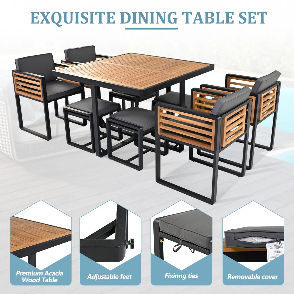 9-Piece Acacia Wood Patio Dining Set with Cushioned Chairs and Ottomans
