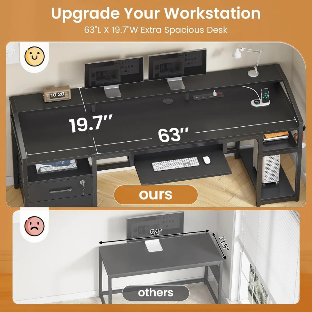 63 Inch Computer Desk with Lockable Drawers LED Lights Power Outlet Gaming