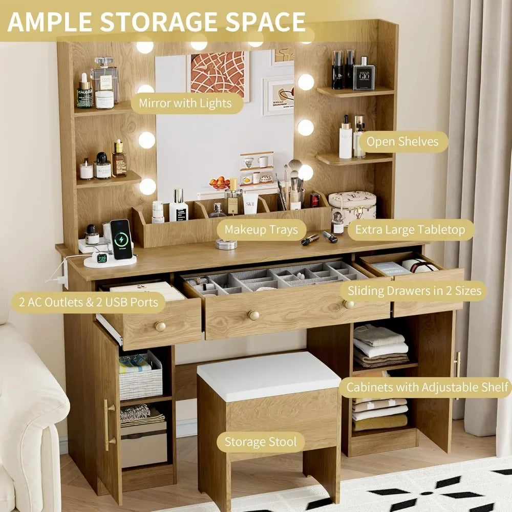 Vanity Desk with Mirror and Lights 43 Inch Makeup Table with Chair