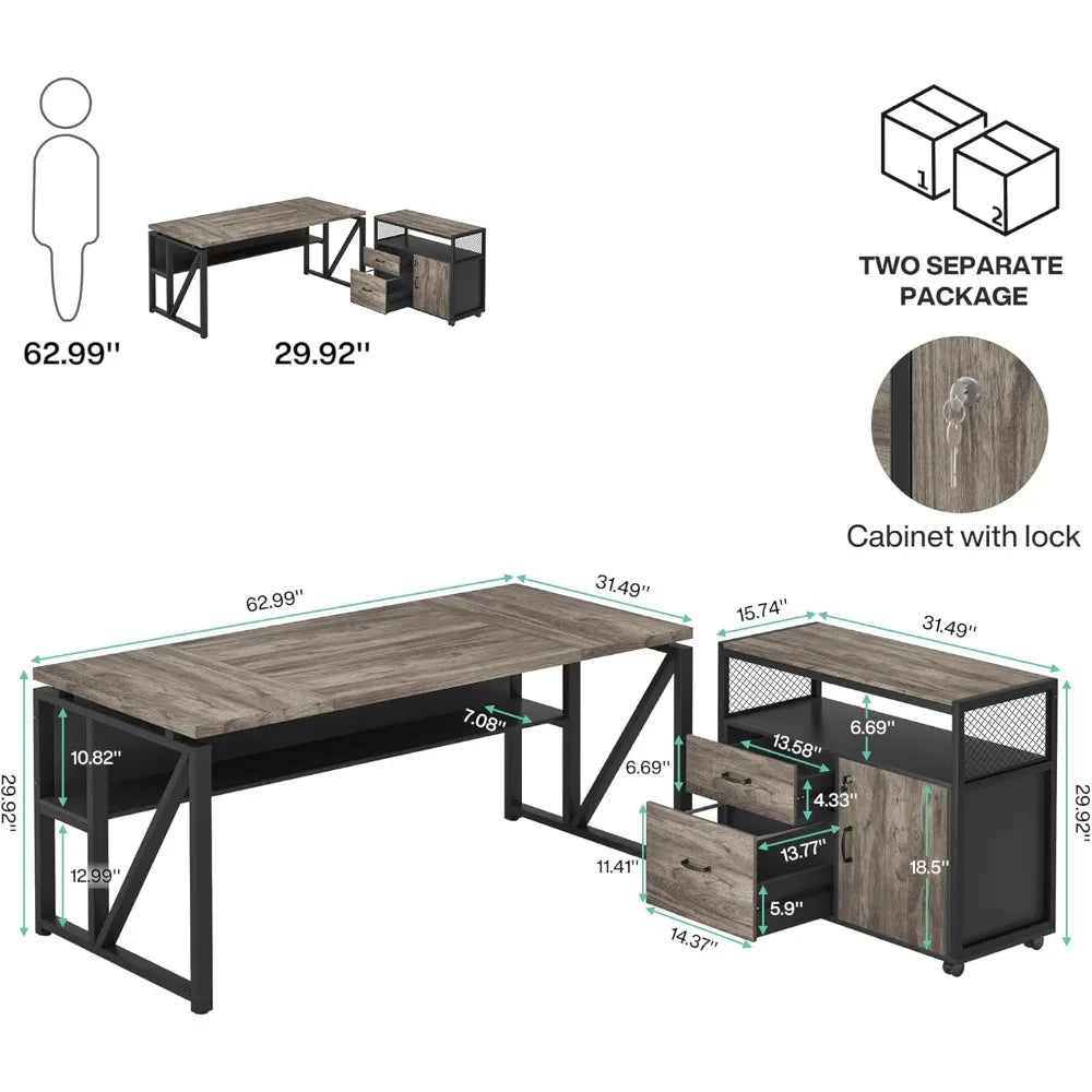L Shaped Computer Desk Mobile File Cabinet Executive Office Furniture Set