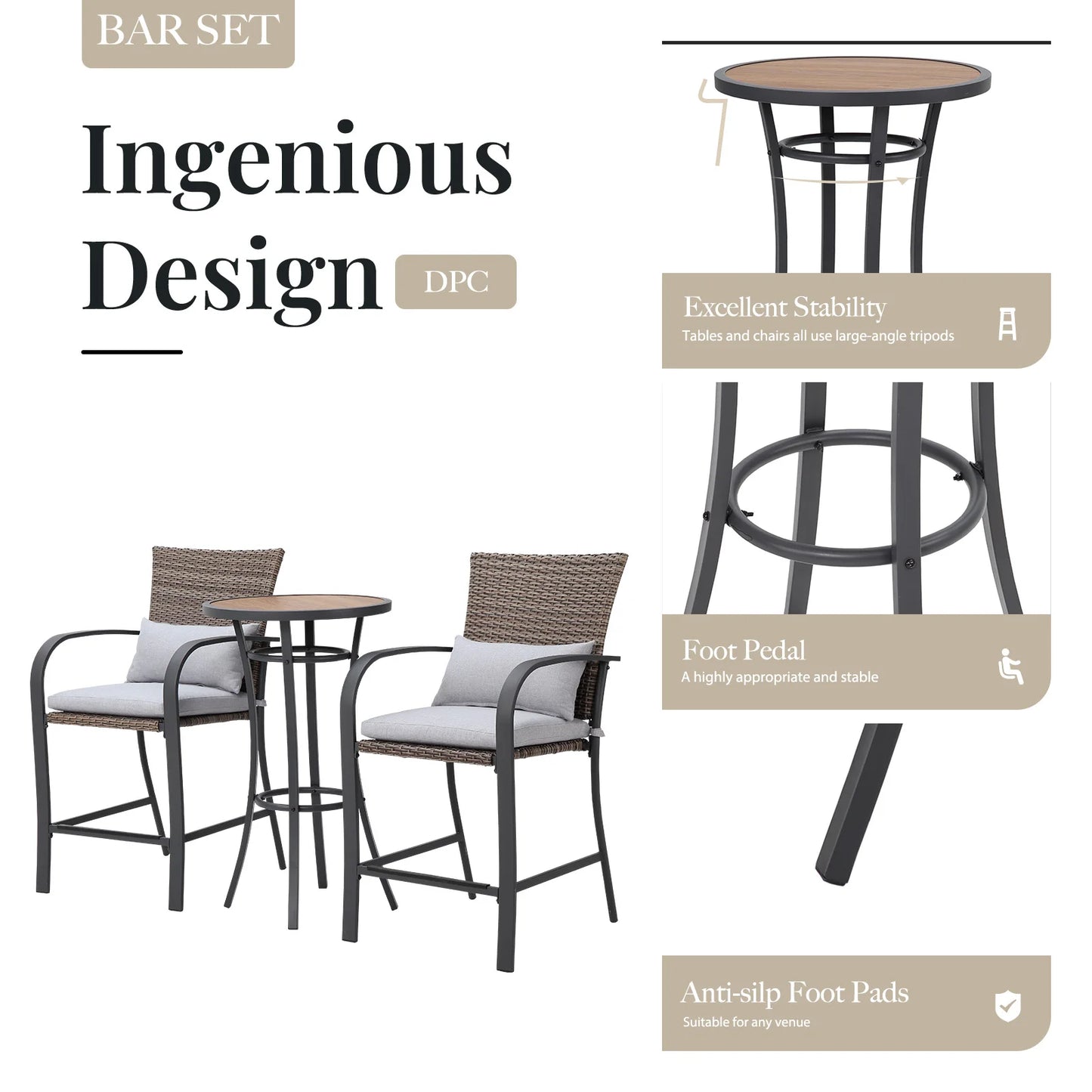 NAGA BAHNA 3pcs Patio Bar Set Rattan Wicker Outdoor Furniture