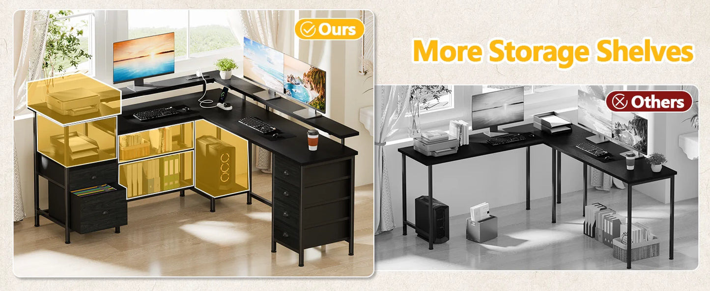 Ljustra 67 Inch Office Desk with Power Sockets LED Lights Adjustable Storage