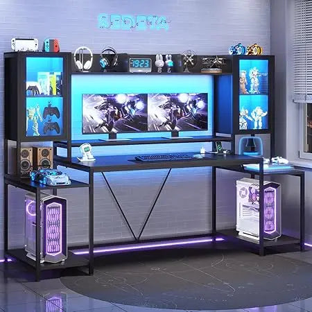 Gaming Desk with LED Lights and Storage Shelves for PC Gamers
