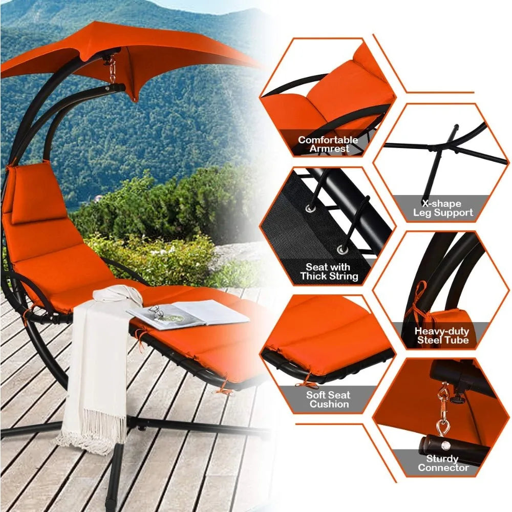 Hanging Chaise Lounger Chair Arc Stand Canopy Cushion Outdoor Swing