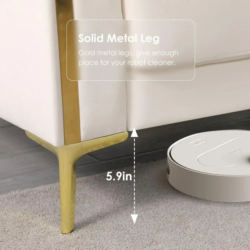 Modern White Faux Leather 3 Seater Sofa with Gold Legs and Pillows