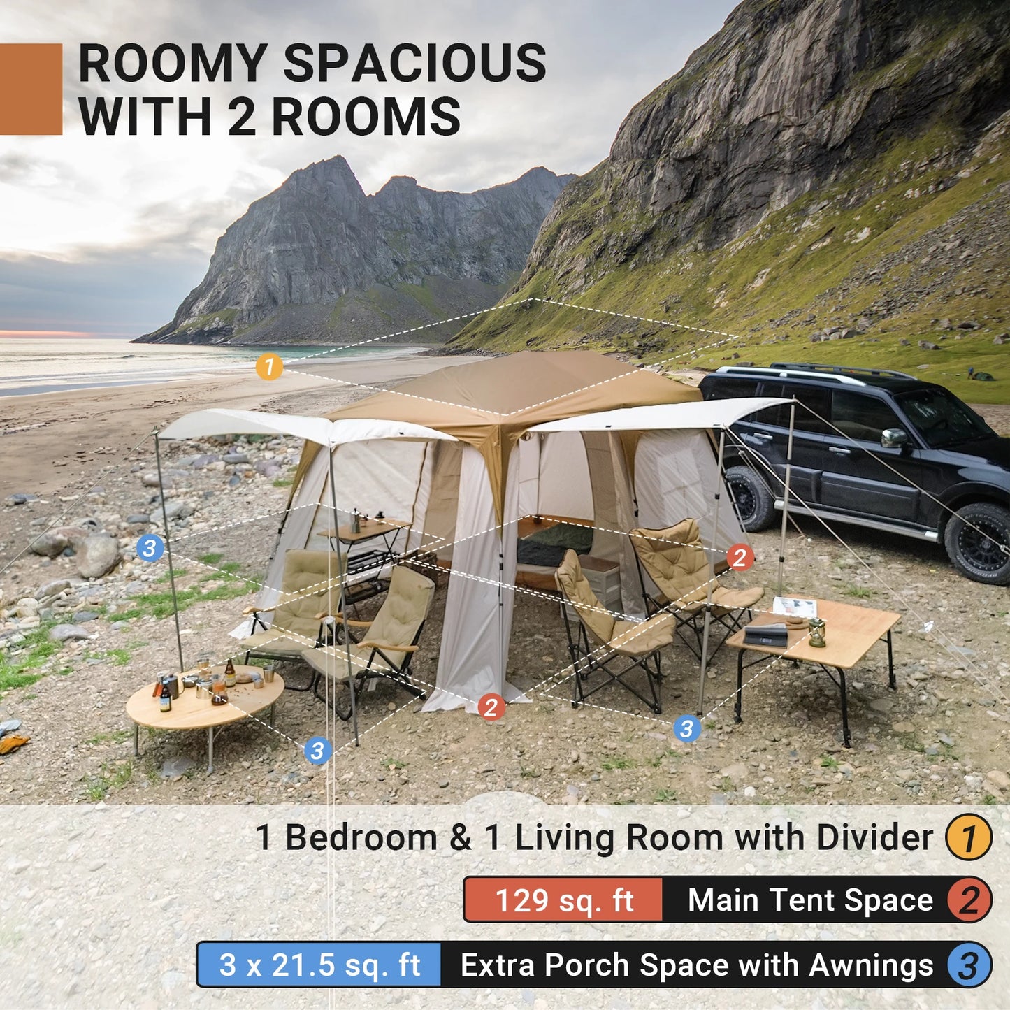 KingCamp Quick-open Tunnel Tent with Awning for Camping Hiking Outdoors