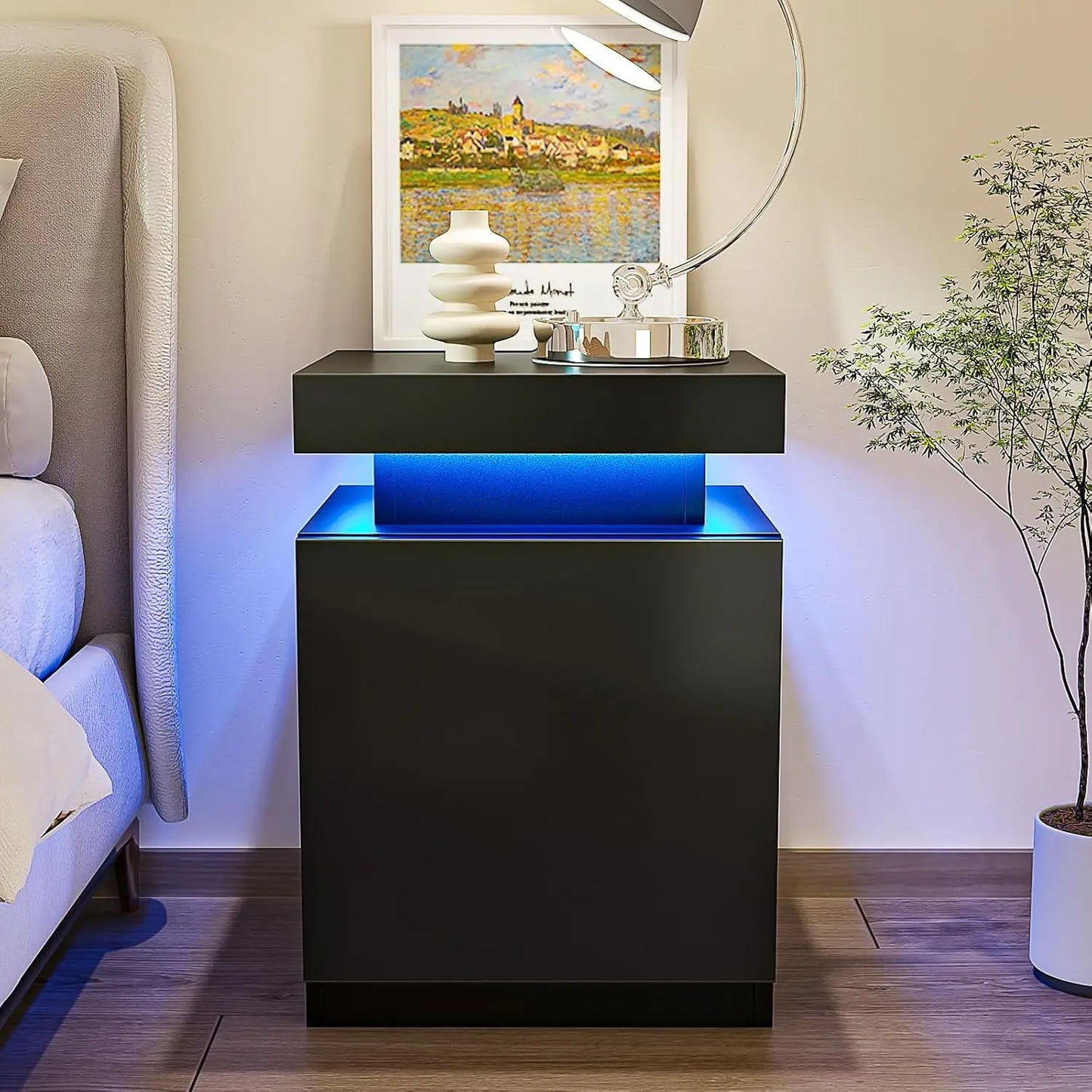 Nightstand Set of 2 LED Lights Charging Station Storage Modern Bedside Table