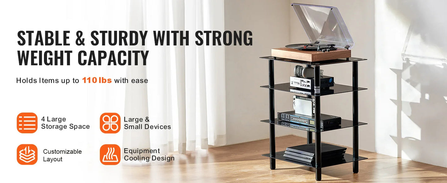 Ljustra 4-Tier AV Media Stand Adjustable Tempered Glass DVD Storage