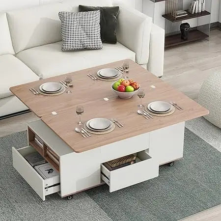 Modern Walnut Lift Top Coffee Table with Drawers and Shelves