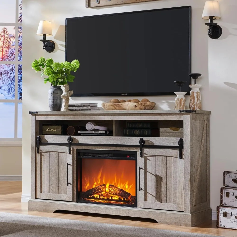 Farmhouse Fireplace TV Stand for 70 Inch TV Highboy Entertainment Center