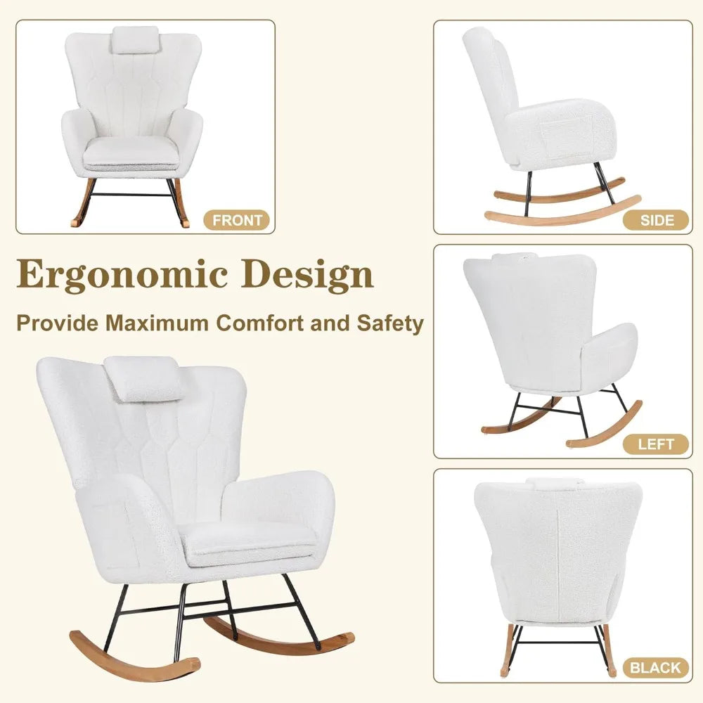 Rocking Chair Nursery Upholstered Glider Armchair High Backrest Padded Seat