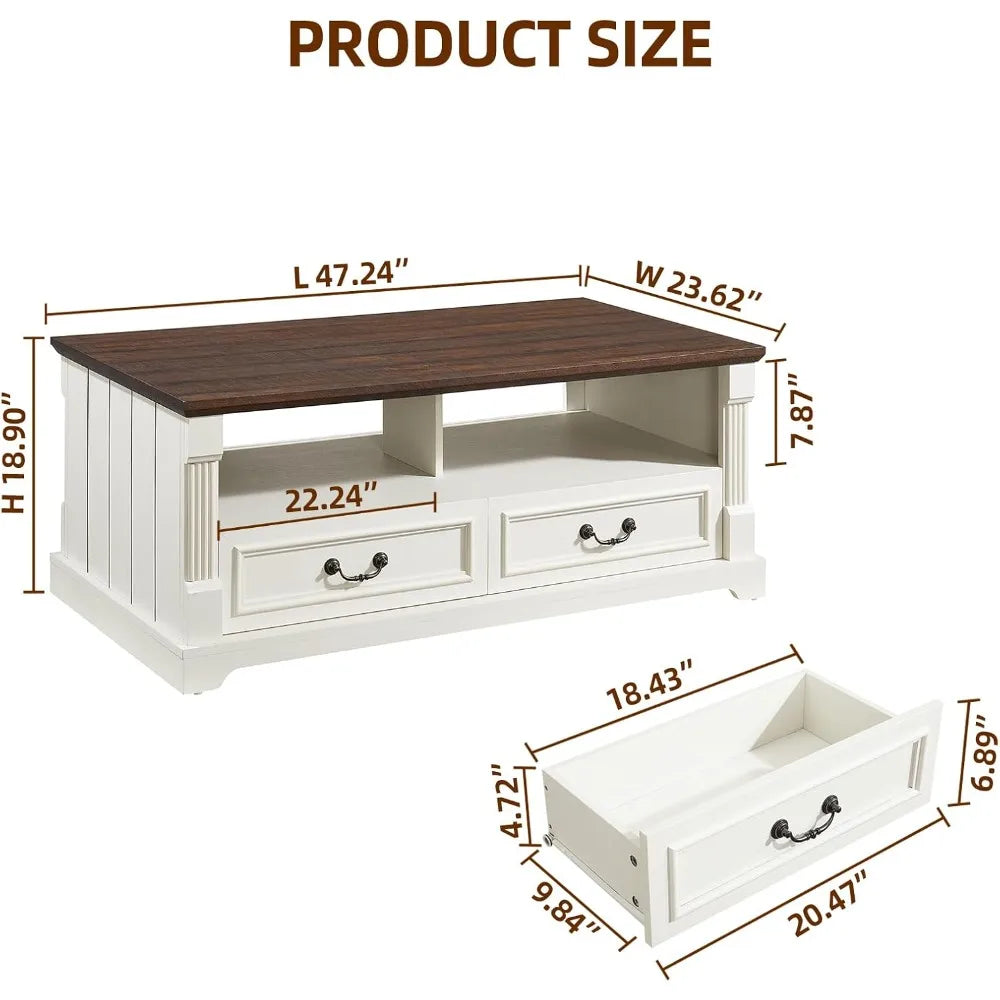 48 Inch Wood Coffee Table Rustic Living Room Center Table with Storage