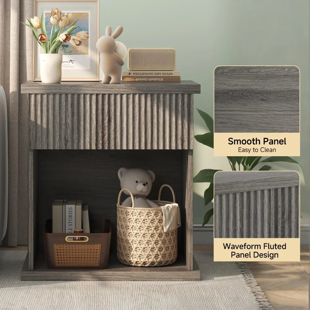 Fluted Nightstand Set of 2 Modern Wood Bedside Tables for Bedroom Storage