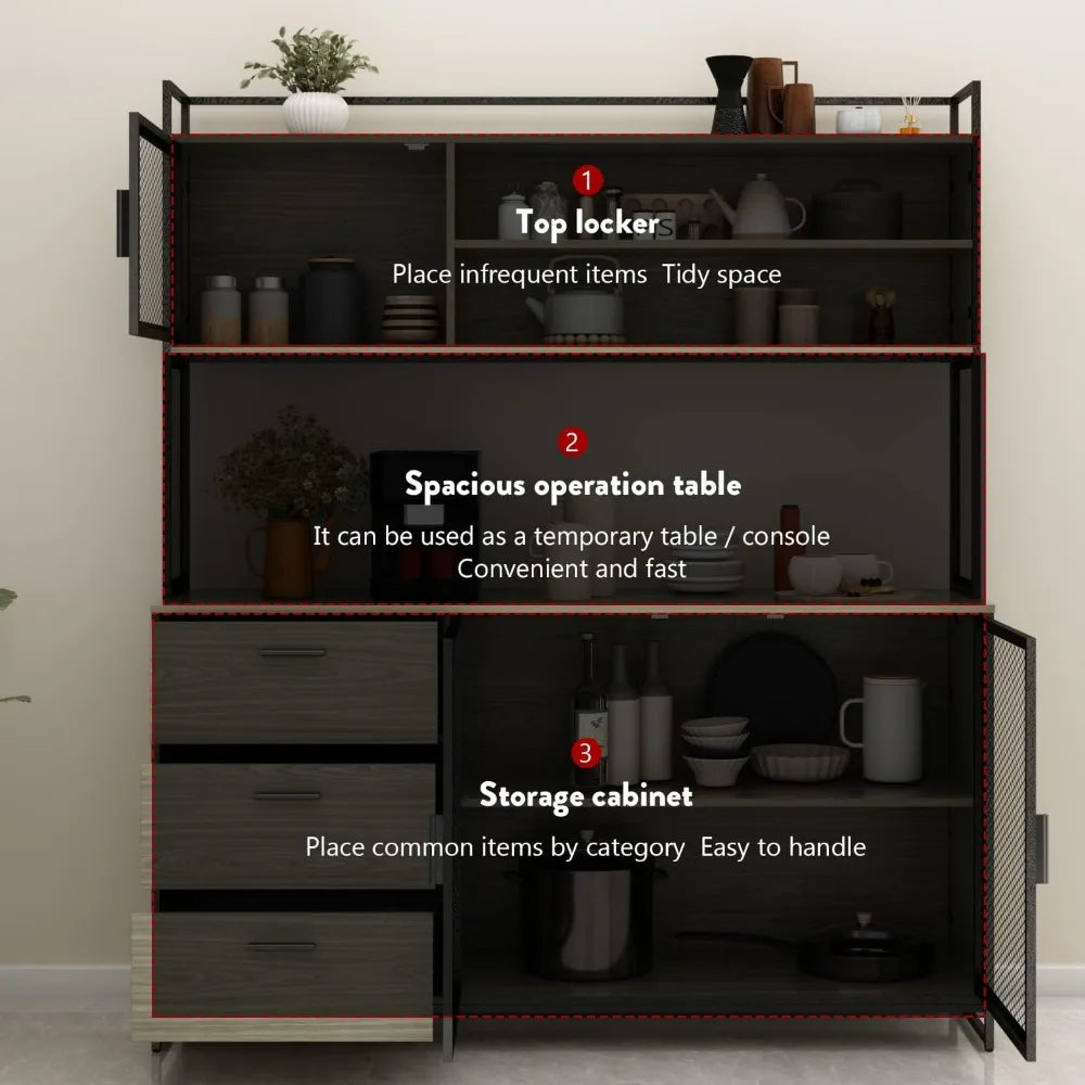 Large Kitchen Hutch Storage Cabinet with Metal Frame and Mesh Doors