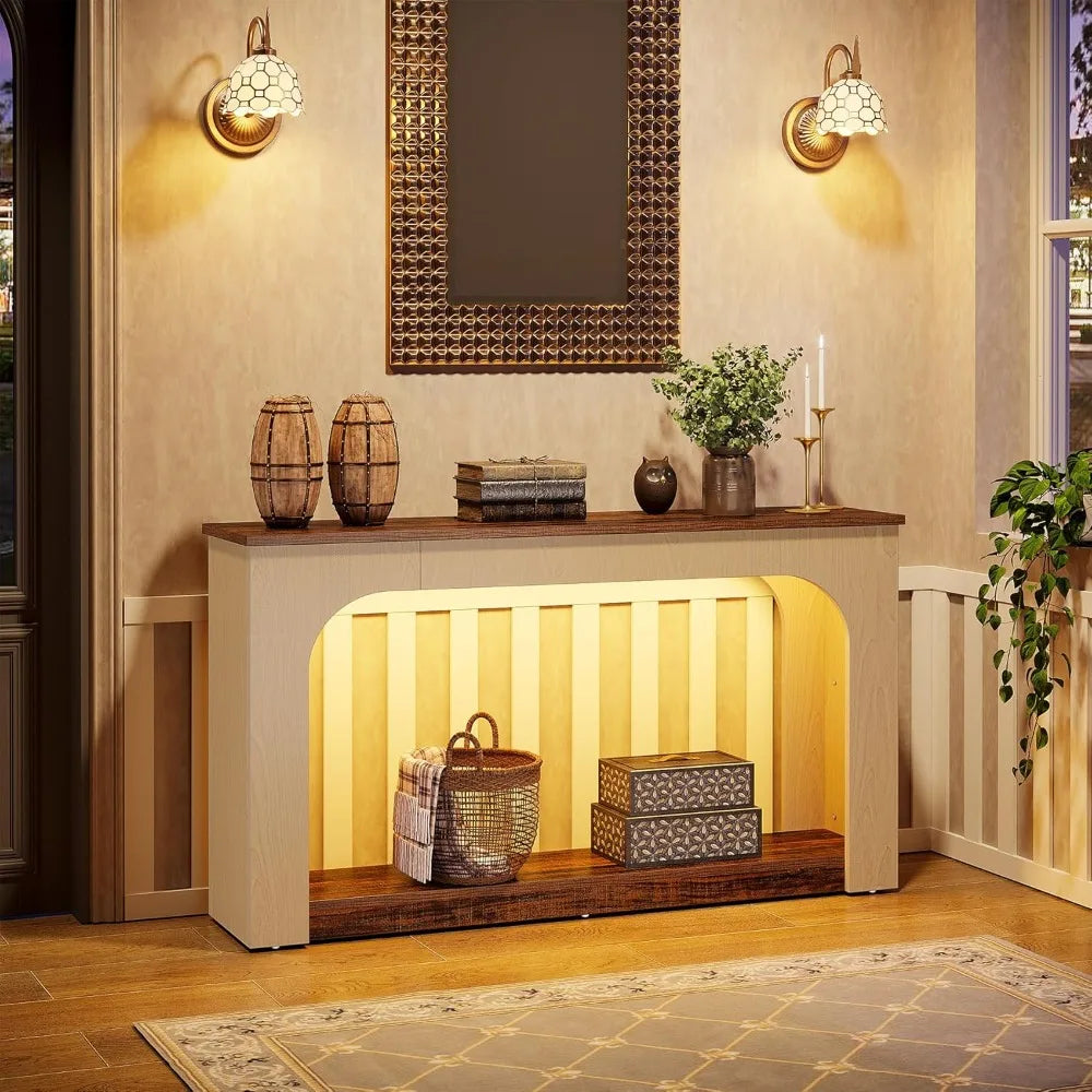 55 Inch Console Table with LED Lights Farmhouse Storage Sofa Table