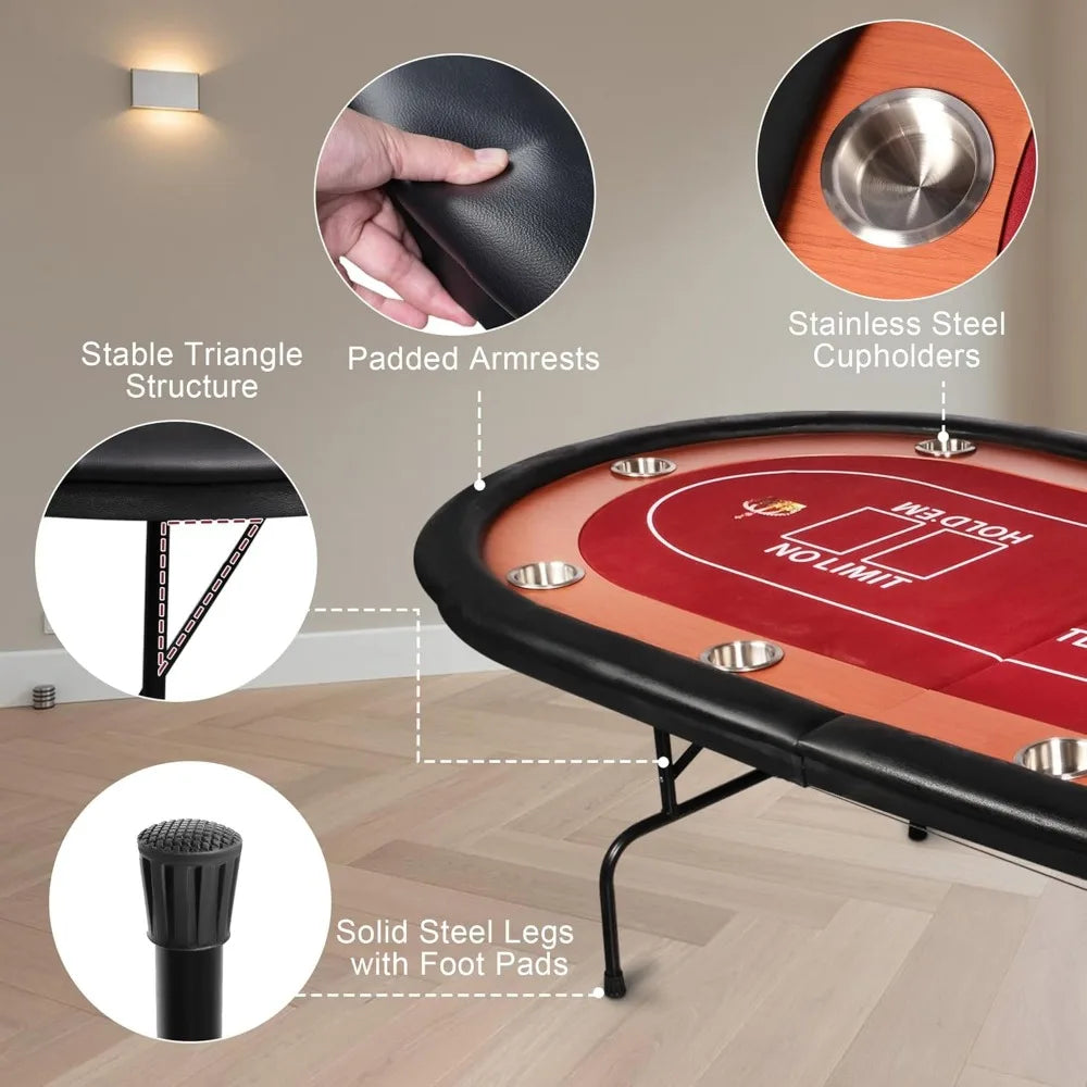 Portable 10 Player Foldable Poker Table with Cup Holders for Casino Fun