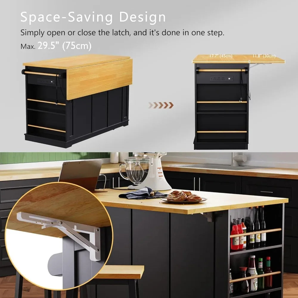 Kitchen Storage Island on Wheels with Drop Leaf Power Outlet Rolling Cart
