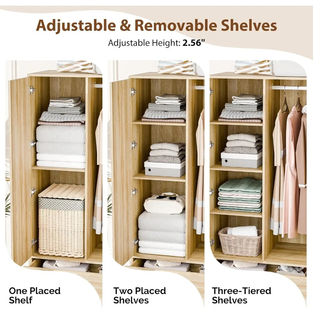 Ljustra Rattan Wardrobe Closet with Doors Drawers Hanging Rod Storage