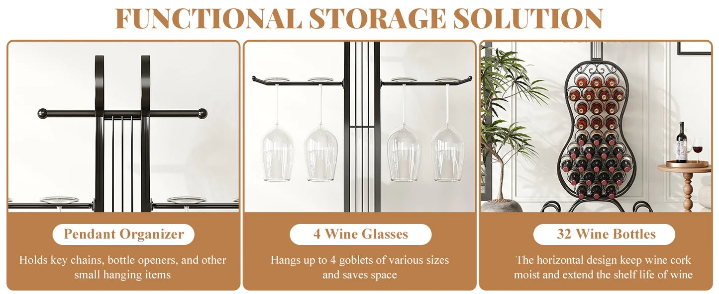 Freestanding Wine Rack Storage for 32 Bottles with Glass Holder