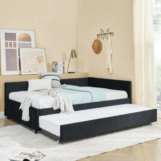 Full Size Tufted Daybed with Trundle Velvet Sofa Bed Frame Black