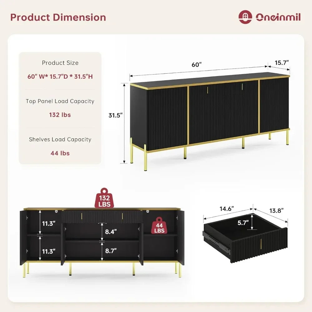 60" Modern Sideboard Buffet Cabinet Fluted Storage Adjustable Shelves