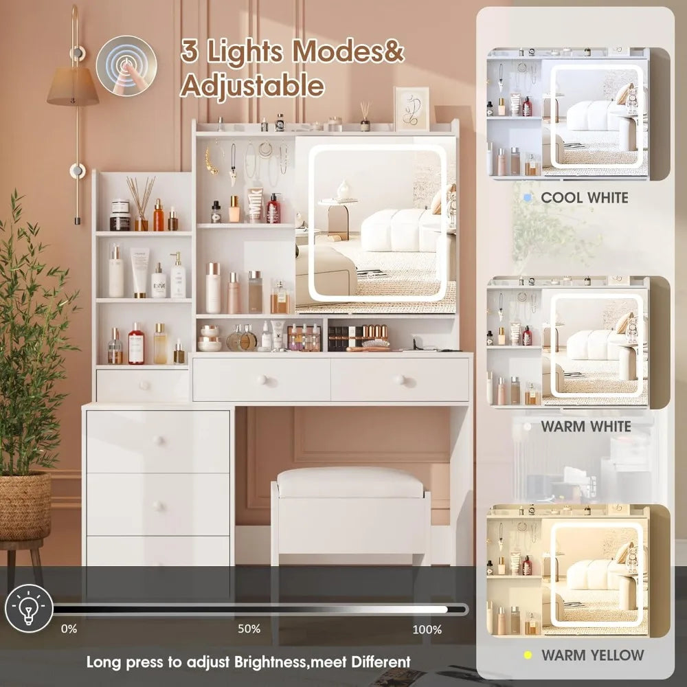 Vanity Makeup Mirror Desk with Stool Charging Station LED Lighted Storage