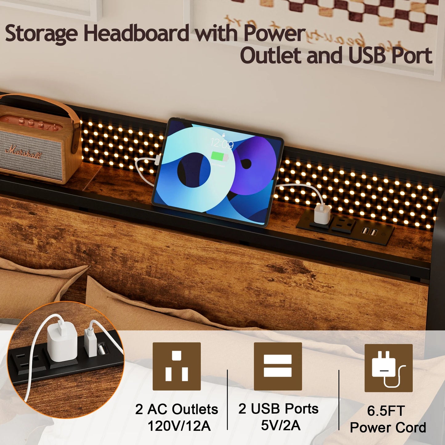 Full Queen Bed Frame with Charging Station LED Lights Storage Headboard