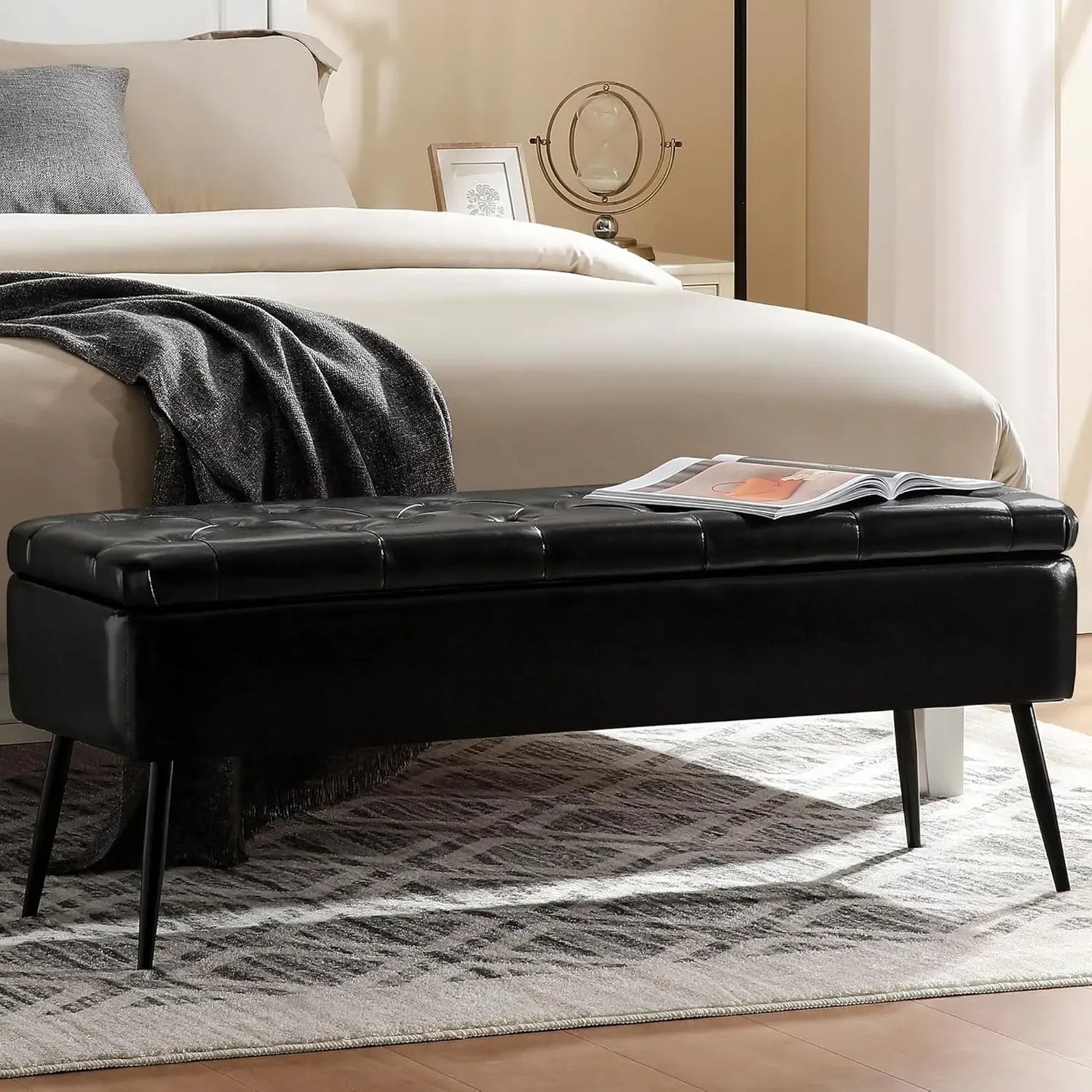 Leather Storage Ottoman Bench Mid-Century Modern Style Living Room Bedroom
