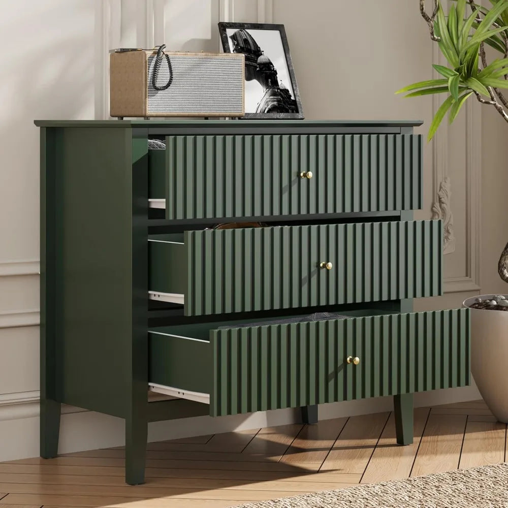 Green Fluted 3 Drawer Dresser Modern Wood Chest for Bedroom Living Room