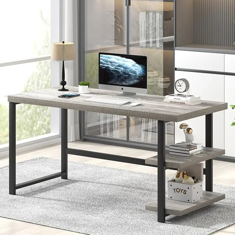 Modern L Shape Computer Desk with Storage Shelves for Home Office