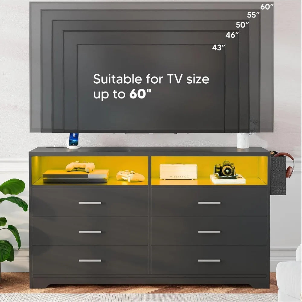 6 Drawer Dresser Charging Station Modern Chest of Drawers LED Lights
