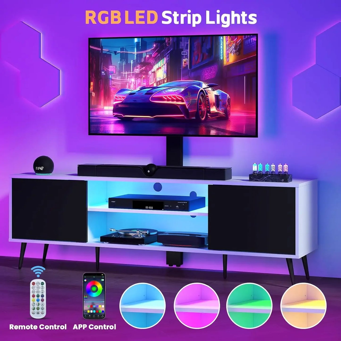 Modern Swivel TV Stand with Mount and LED Light for 70 Inch TVs