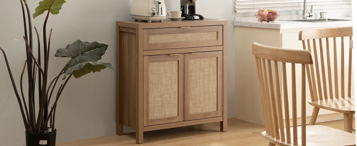 Buffet Storage Cabinet 2-piece Set Bohemian Rattan Sideboard Console