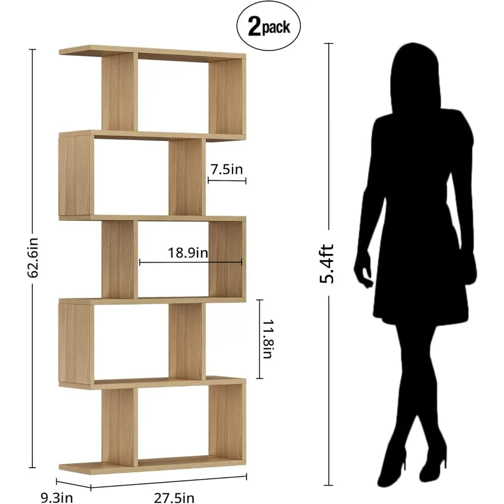Oak 5-Tier Geometric Bookcase S-Shaped Display Shelf Set of 2