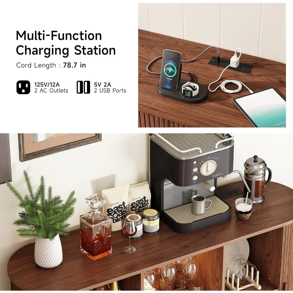 Modern 55 Inch Wine Bar Cabinet with LED Lighting and Wine Rack