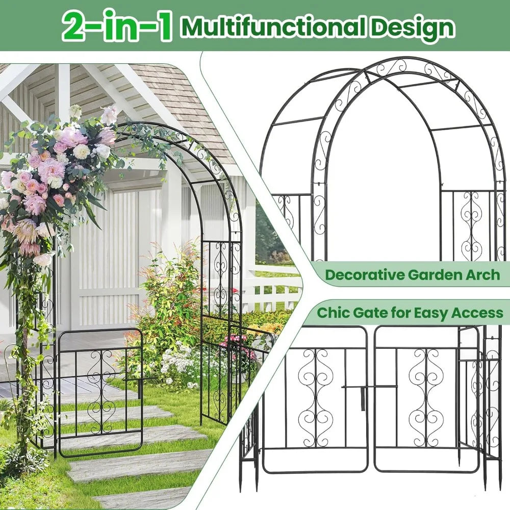 Garden Arbor with Gate Metal Arch Trellis for Climbing Plants 84" H