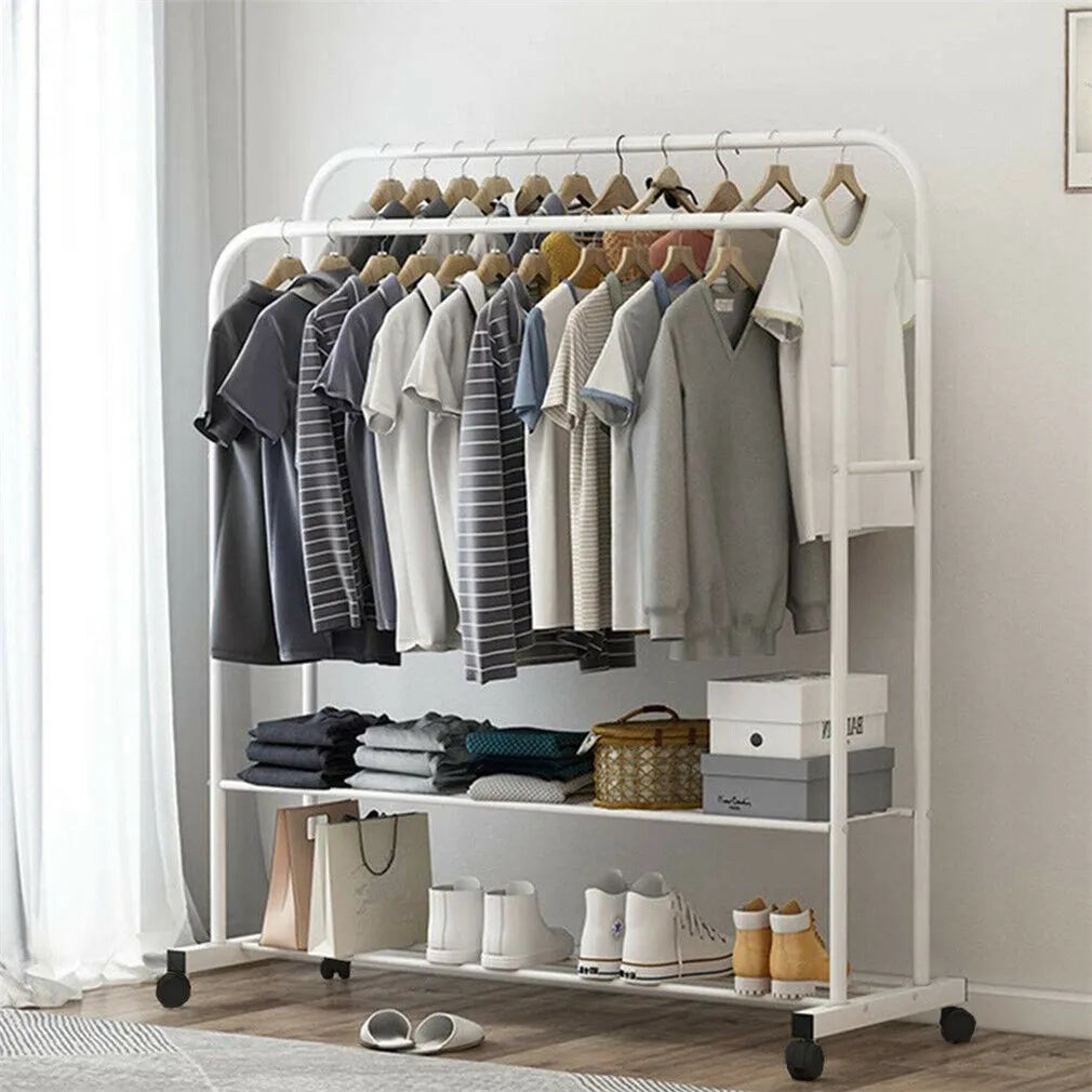 Heavy Metal Double Clothes Rail Garment Rack Storage Organizer Rolling