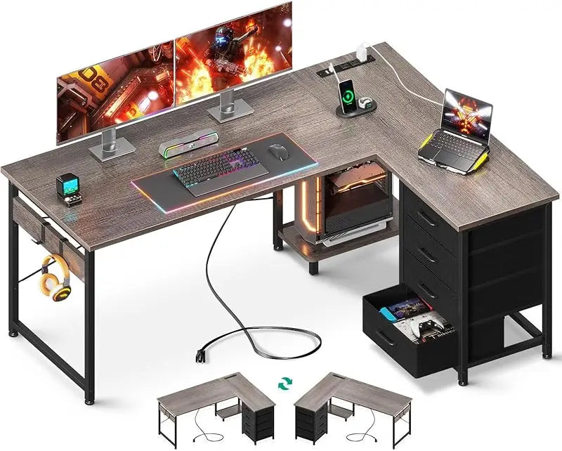 L Shaped Gaming Desk with Power Outlets and 4 Drawers for Home Office