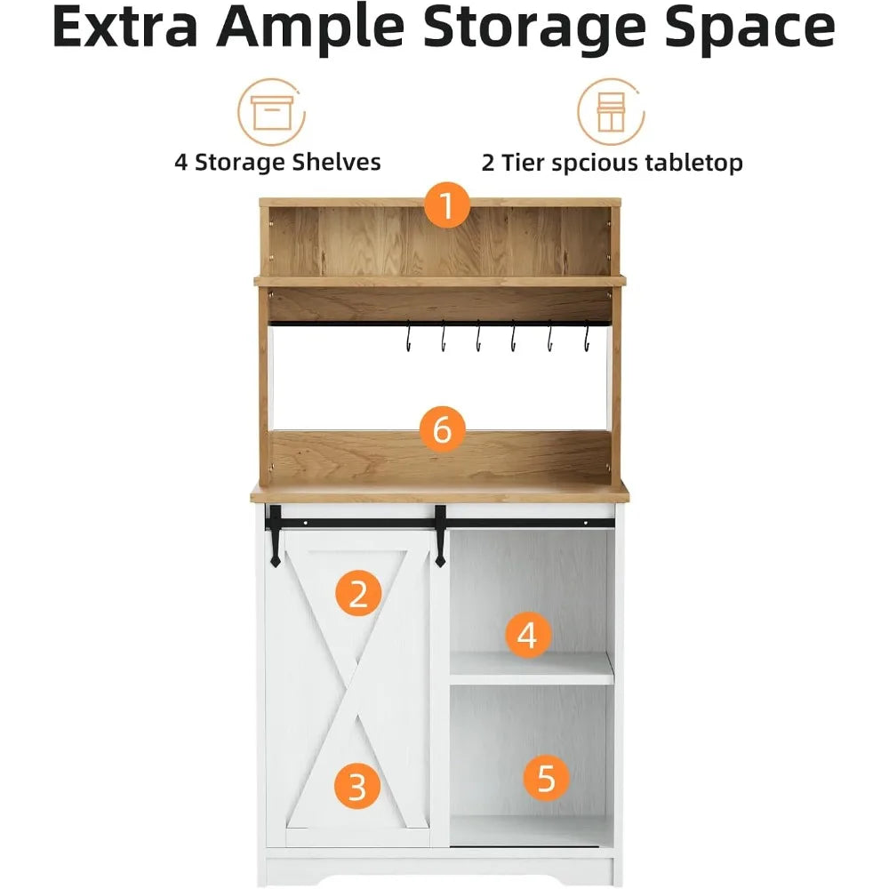 Farmhouse Coffee Station with Storage Hutch and Hooks for Home Bar
